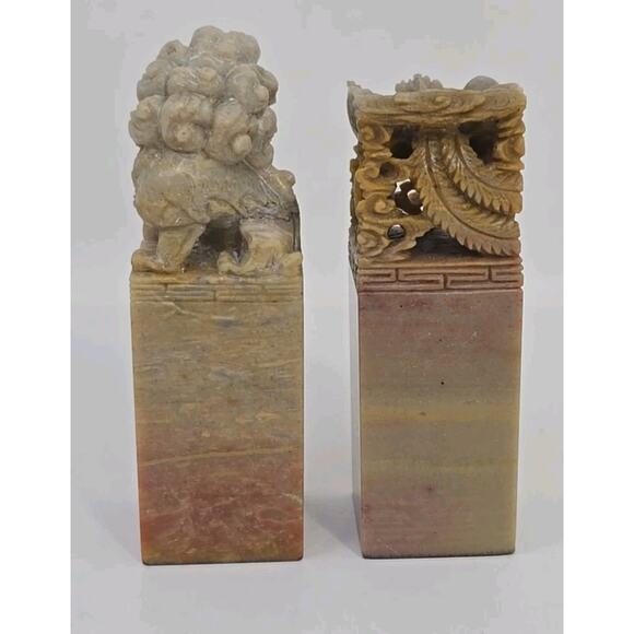 Vtg Asian Stone Carved Dragon Chops / Stamps Etched Scenes Ink Lot U133 main image 12